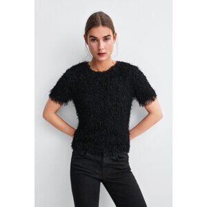 Zara Black Faux Fur Top Crew Neck Short Sleeve Comfy Casual Blouse Womens Sz S